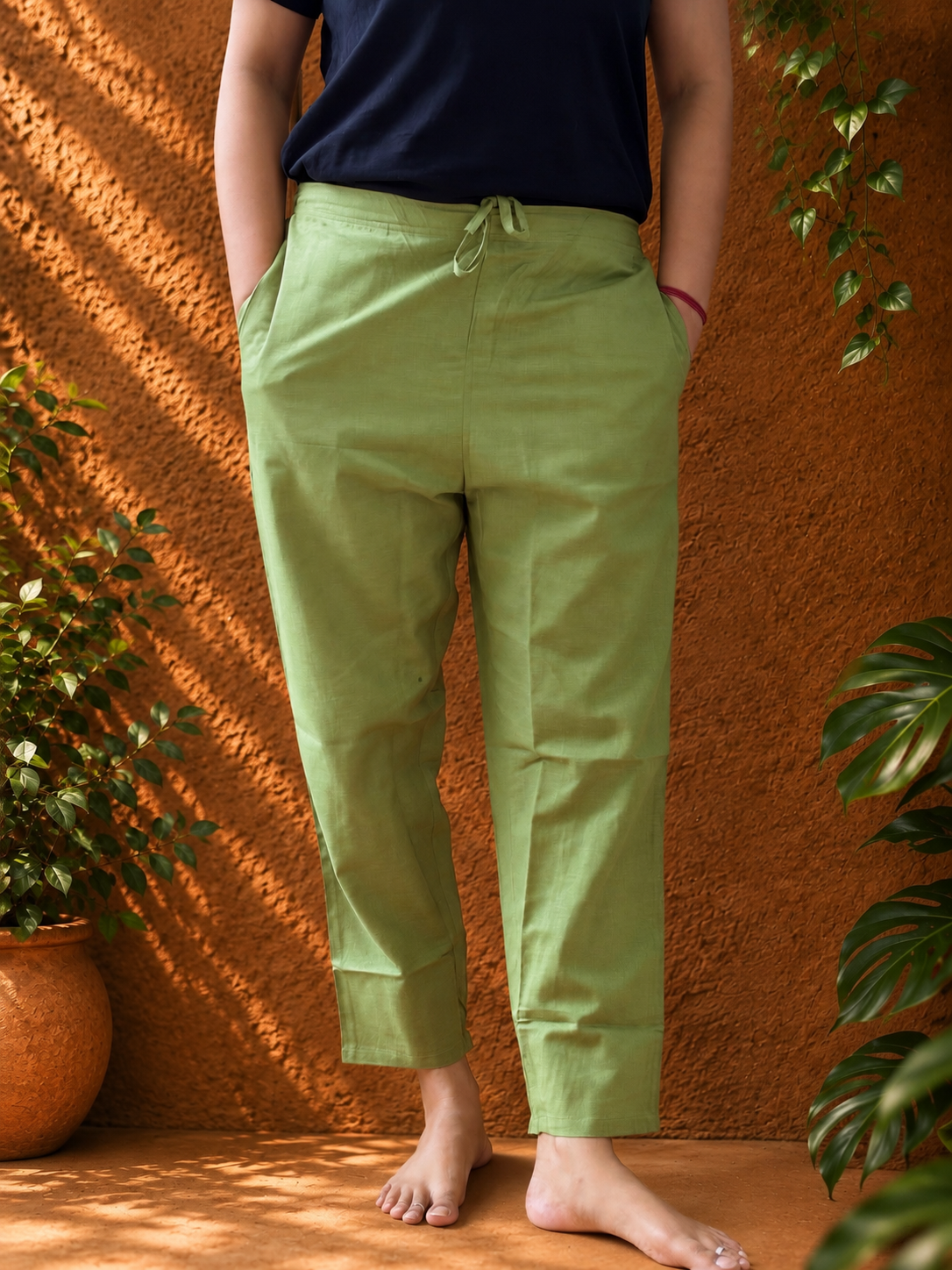 Olive green plain hemp pants