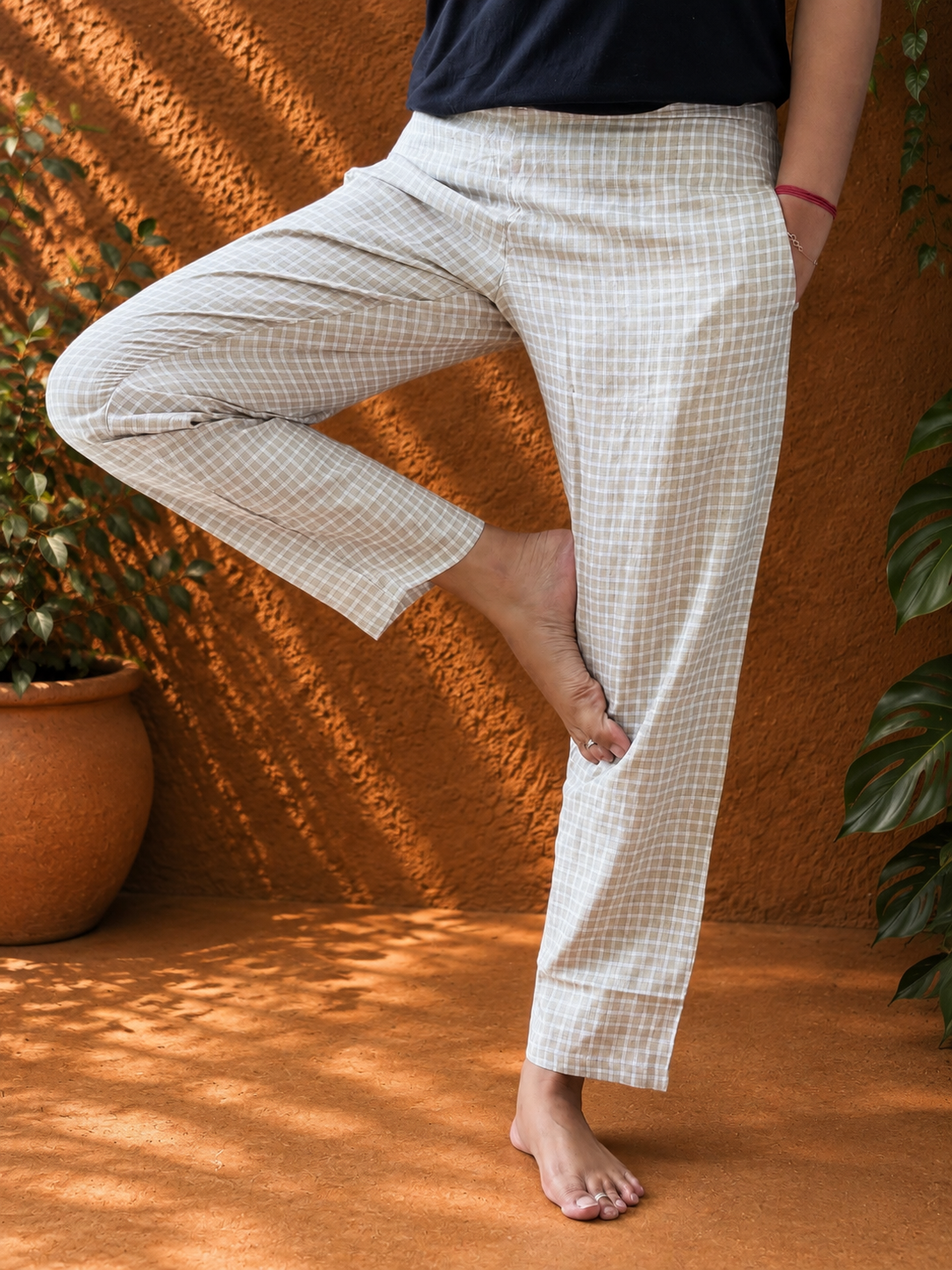 Beige, White square checkered hemp pant