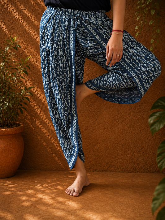 Indigo blue symmetrical hand block print dhoti pants