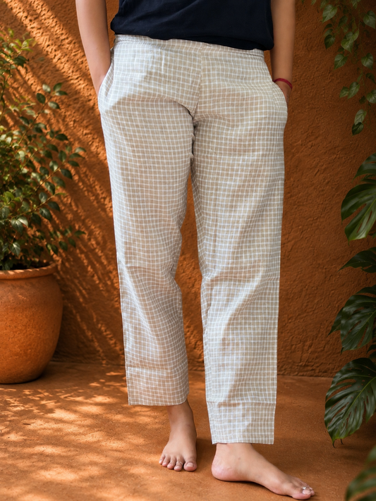 Beige, White square checkered hemp pant