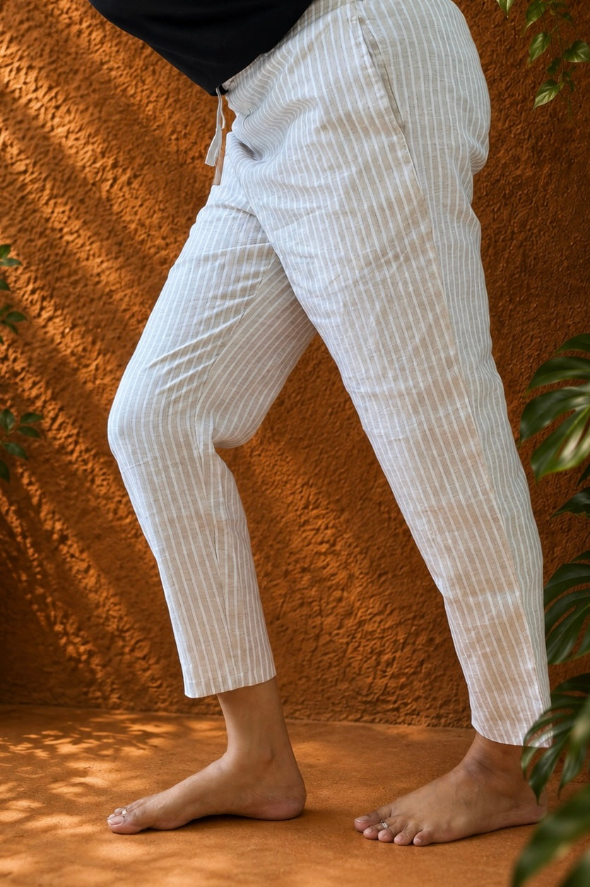 Beige, White Striped Hemp Pant