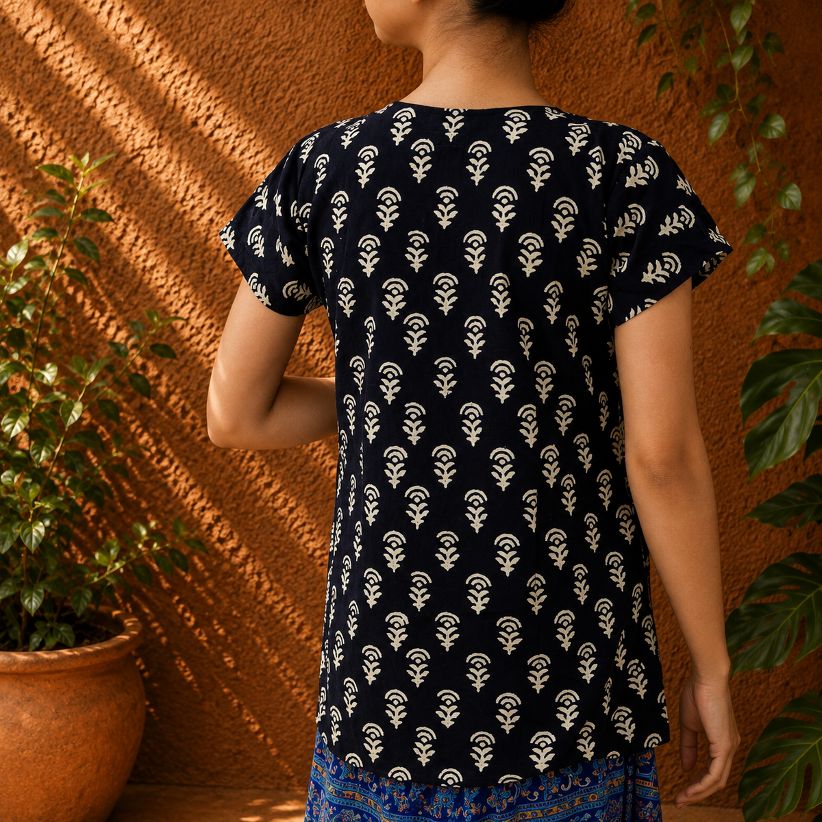 Black color block printed Short kurthi