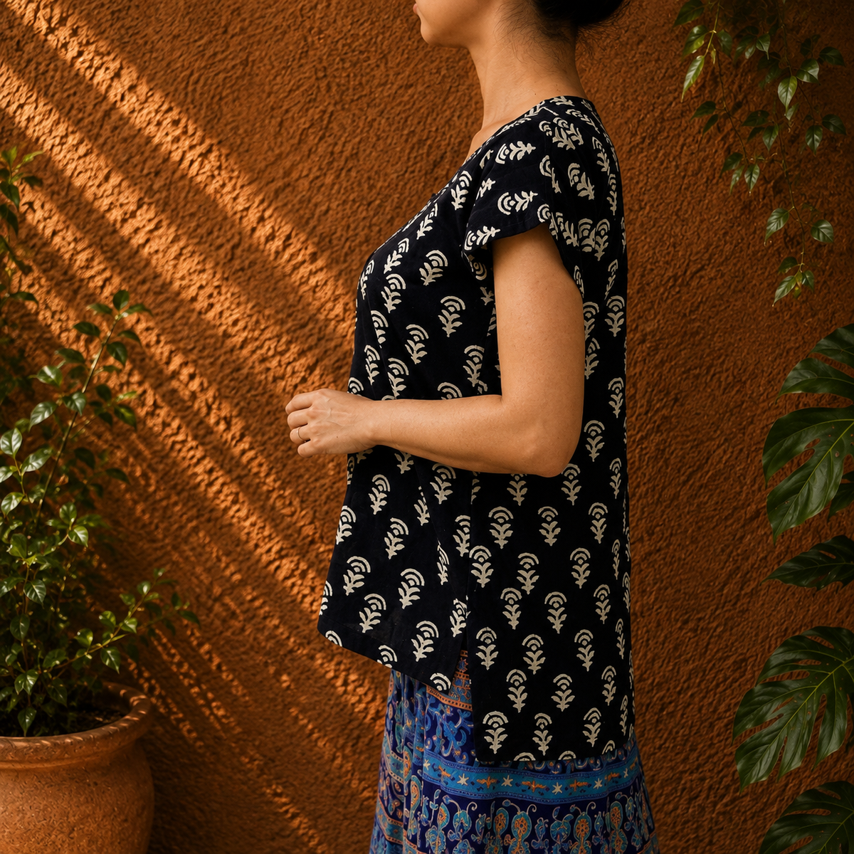 Black color block printed Short kurthi
