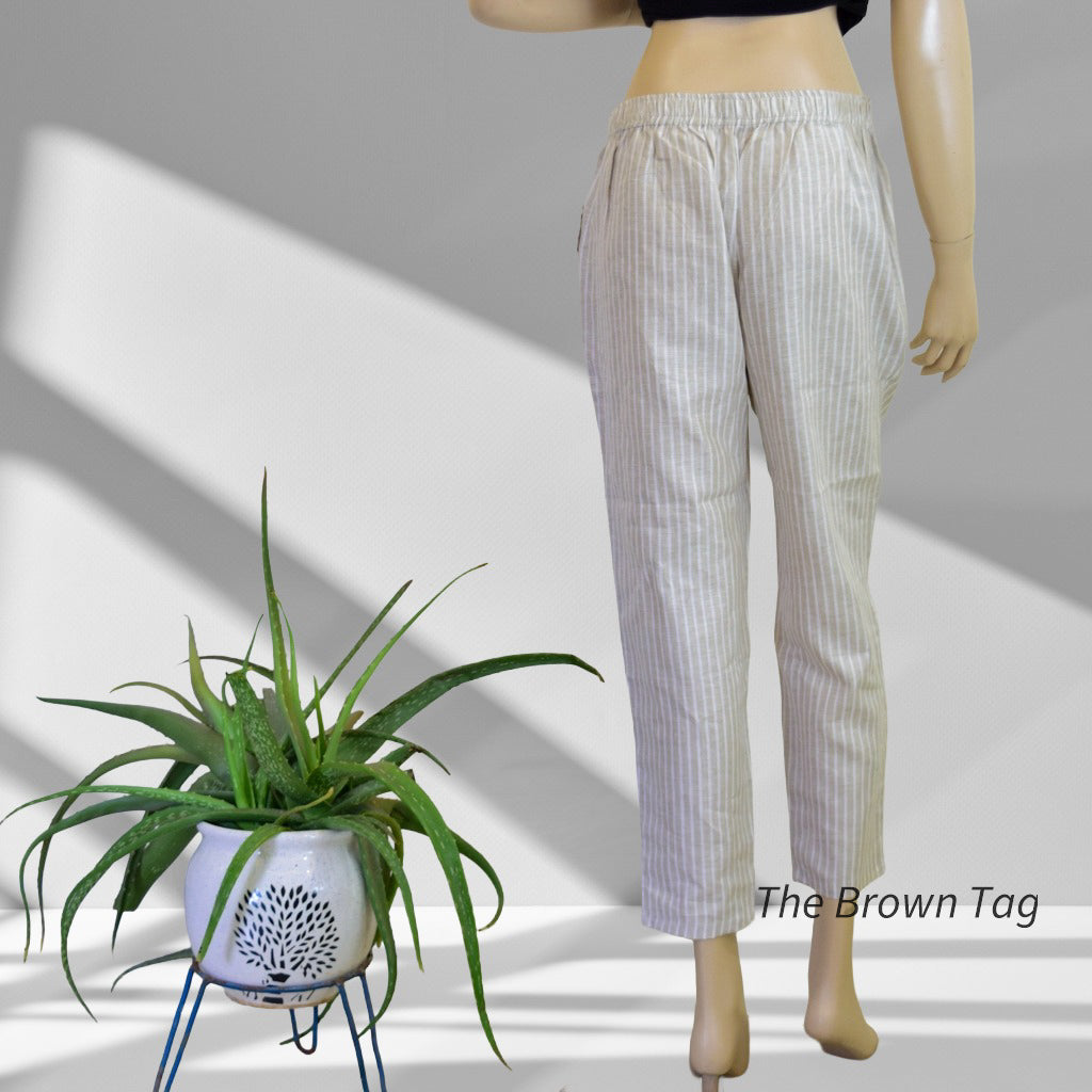 Beige, White Striped Hemp Pant