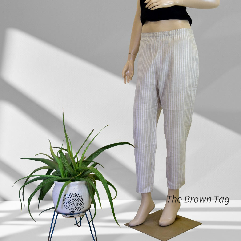 Beige, White Striped Hemp Pant