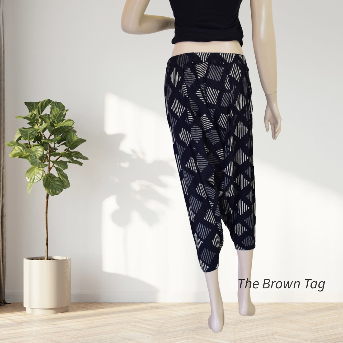 Black symmetrical block printed short Harem pants
