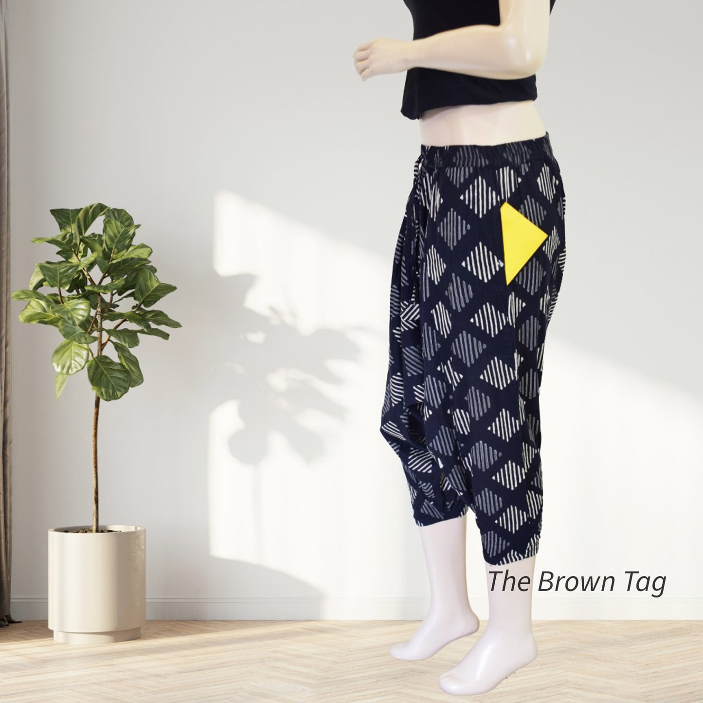 Black symmetrical block printed short Harem pants