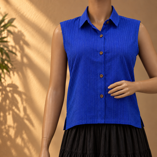 Blue kantha collar top