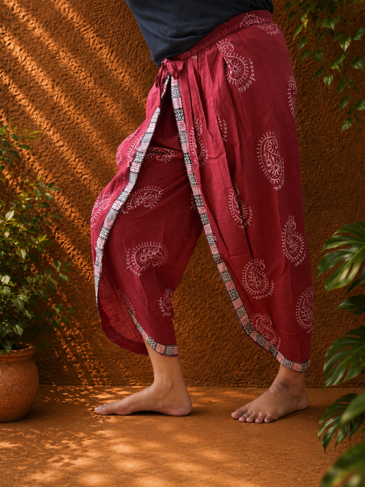 Red paisley block print dhoti pants