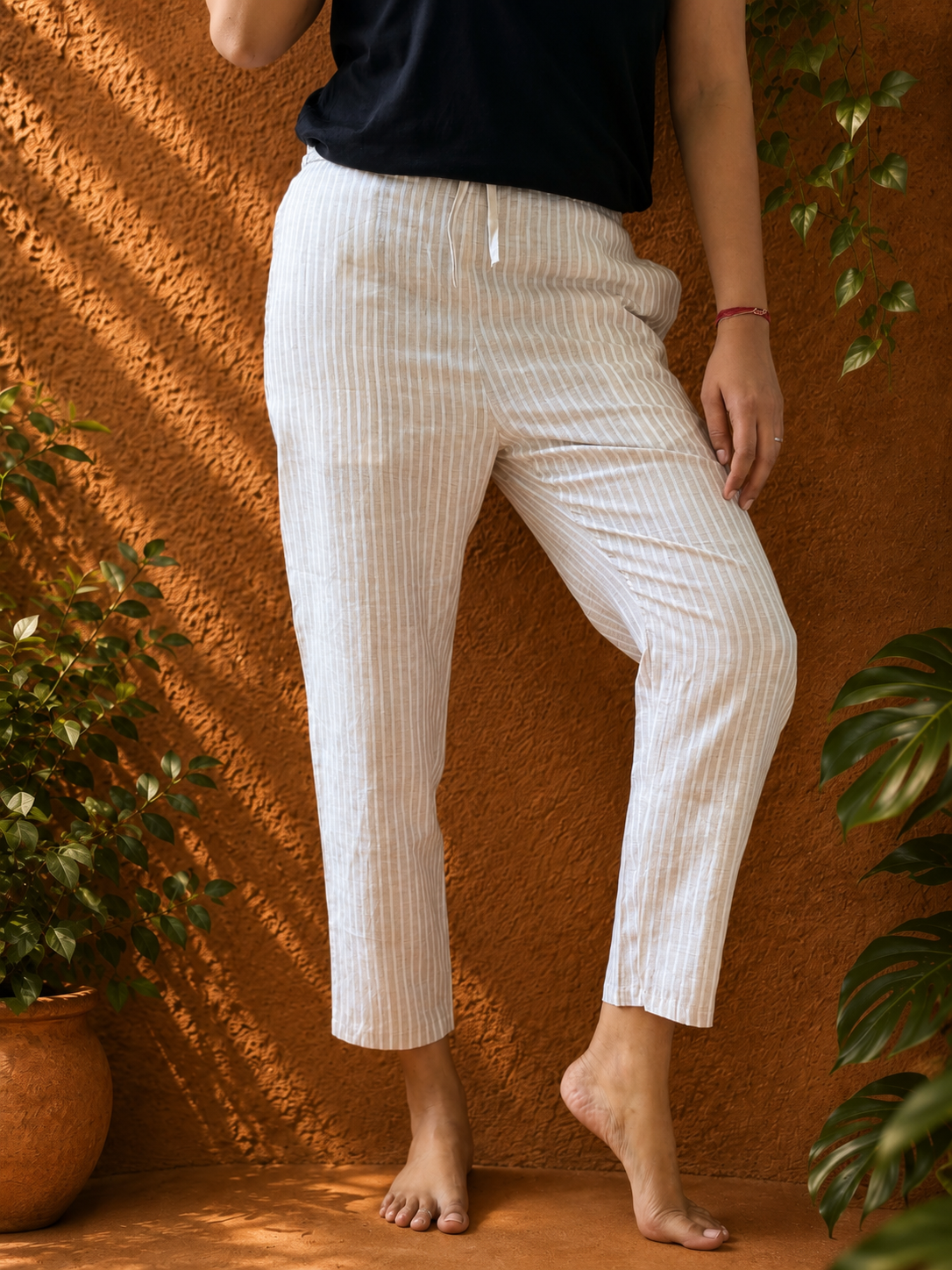 Beige, White Striped Hemp Pant