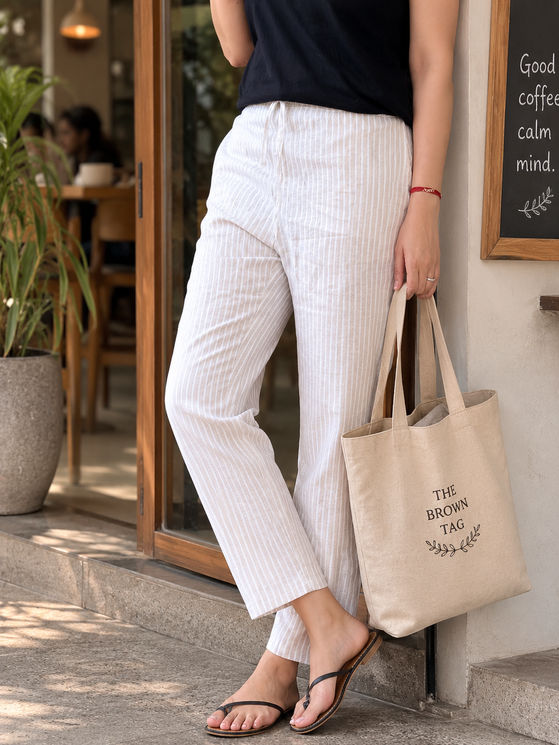 Beige, White Striped Hemp Pant