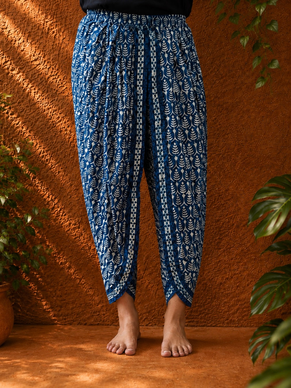 Indigo blue symmetrical hand block print dhoti pants
