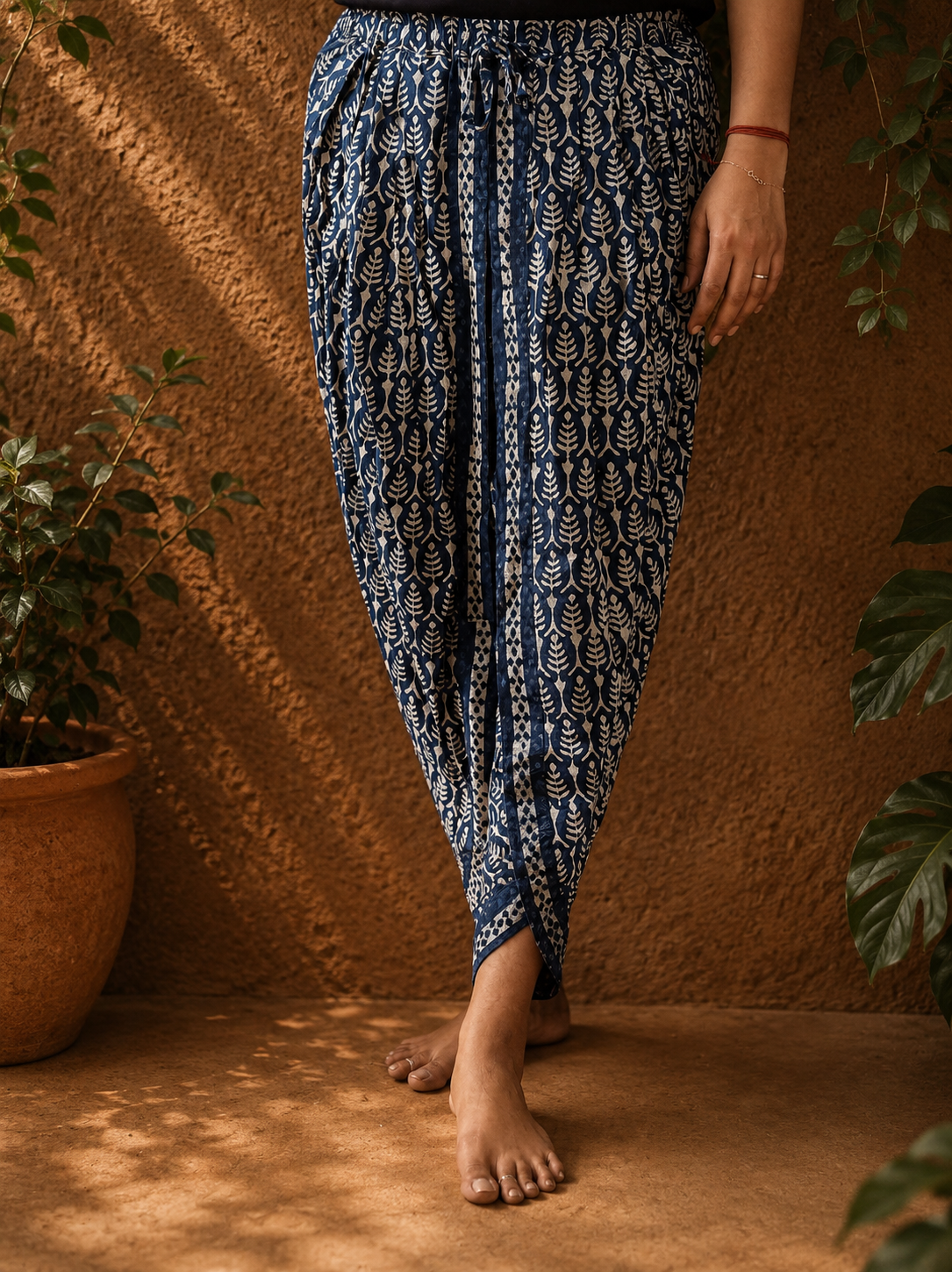 Indigo blue symmetrical hand block print dhoti pants