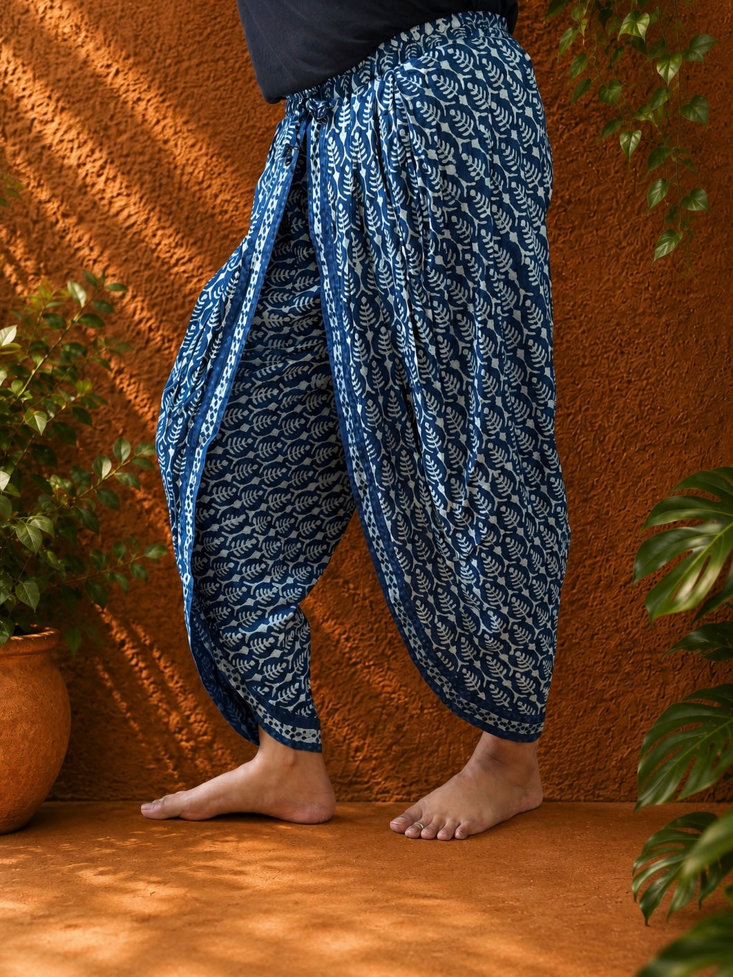 Indigo blue symmetrical hand block print dhoti pants