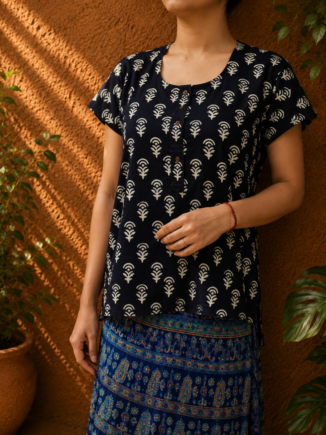 Black color block printed Short kurthi