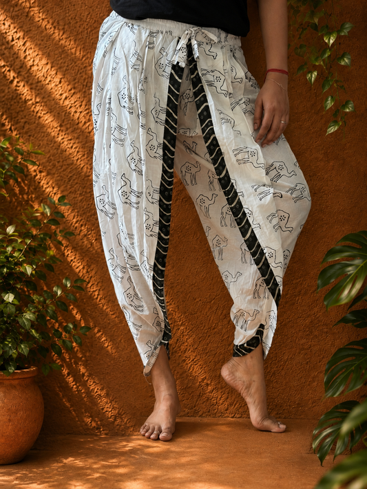 White with black camel hand block print dhoti pants