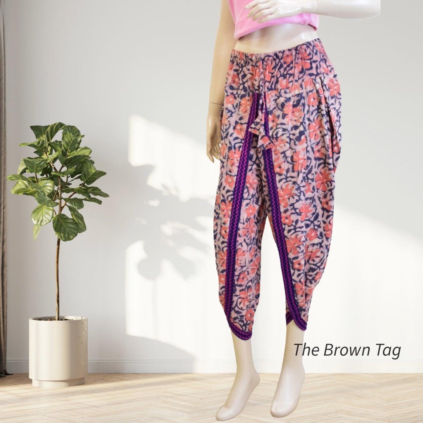 Peach and blue floral printed Dhoti pants