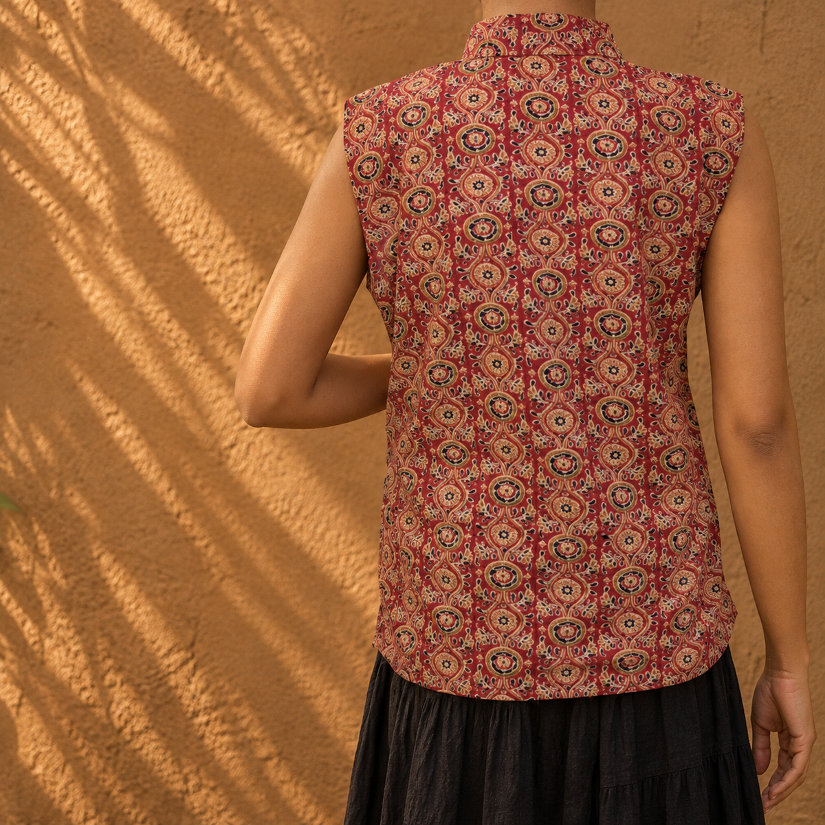 Red floral block printed collar top