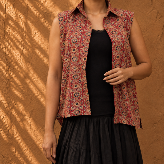 Red floral block printed collar top