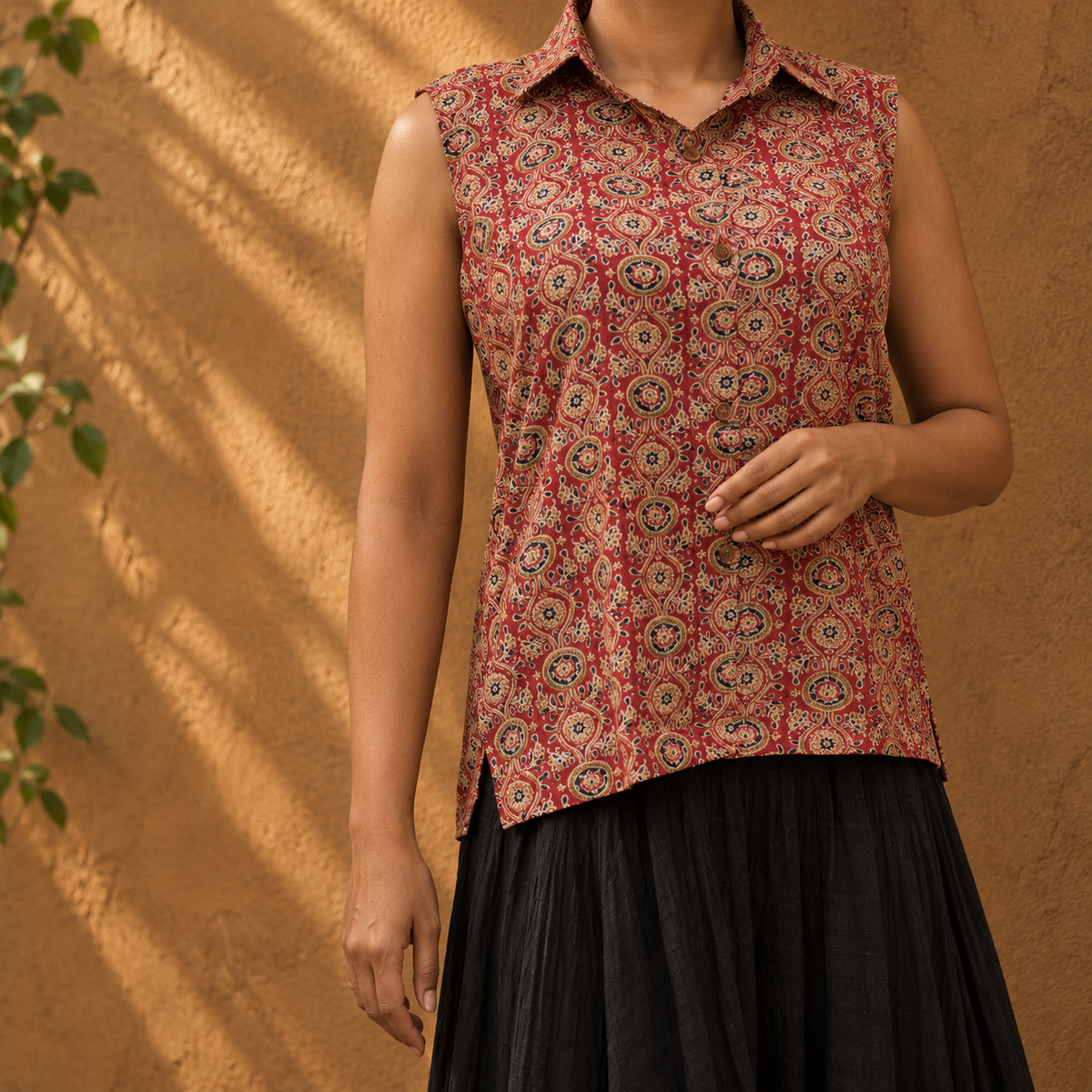 Red floral block printed collar top