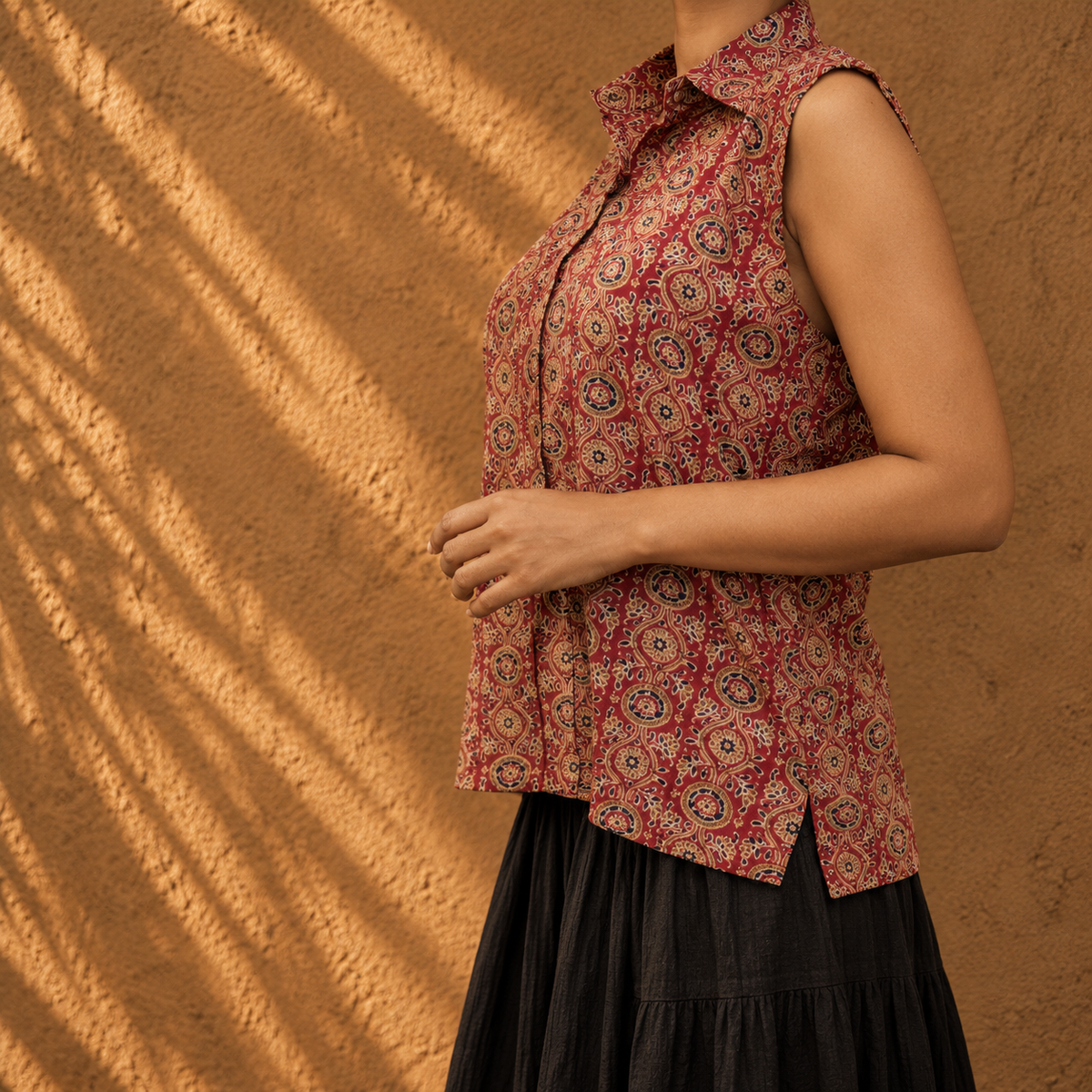 Red floral block printed collar top