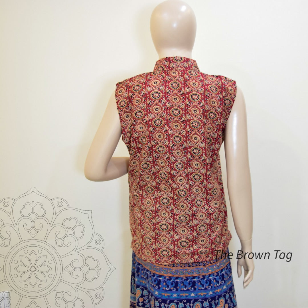 Red floral block printed collar top