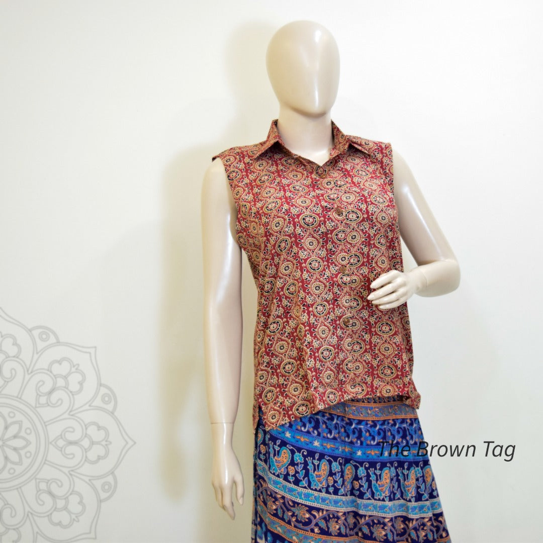 Red floral block printed collar top