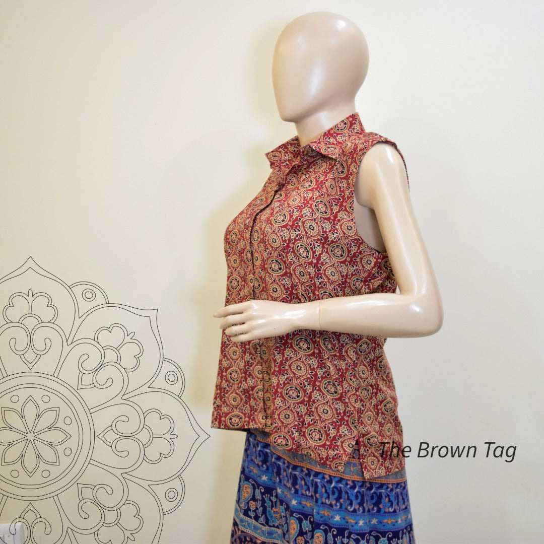Red floral block printed collar top