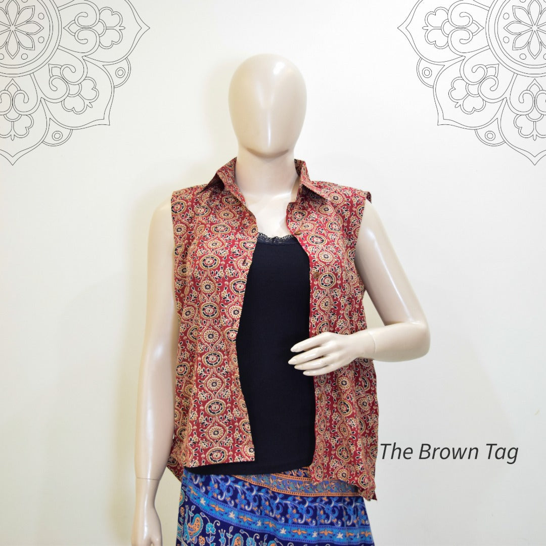 Red floral block printed collar top