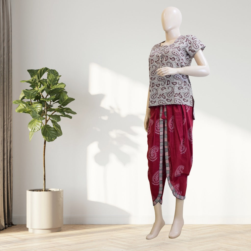 Red paisley block print dhoti pants