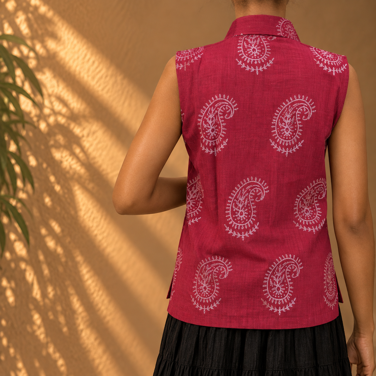 Brick red paisley collar top