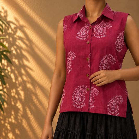 Brick red paisley collar top
