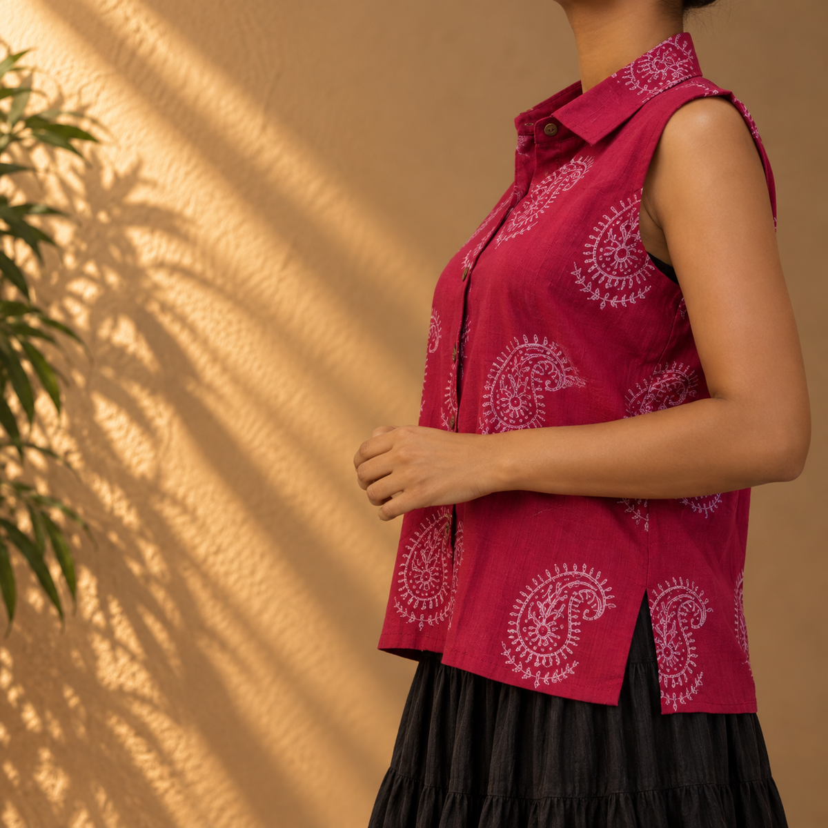 Brick red paisley collar top