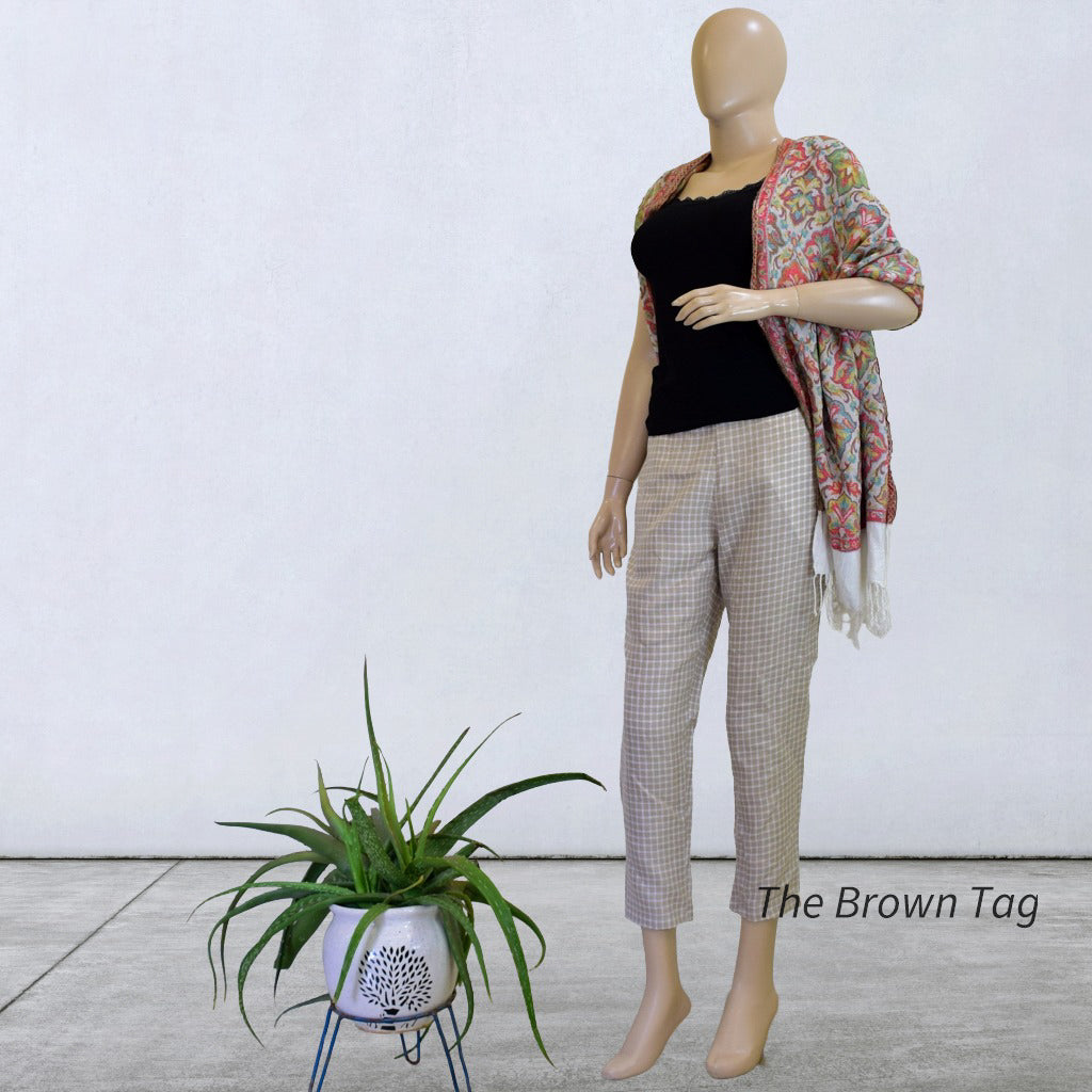 Beige, White square checkered hemp pant