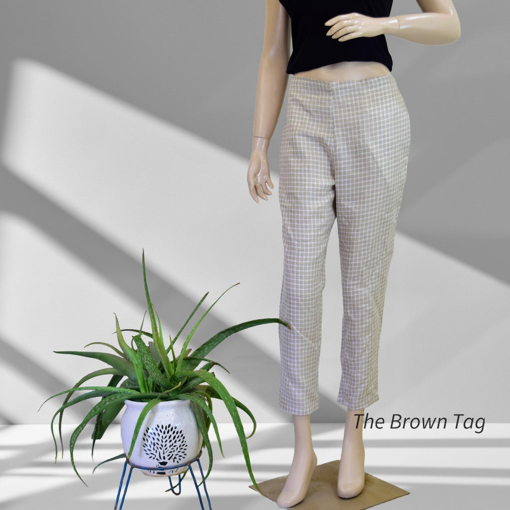 Beige, White square checkered hemp pant