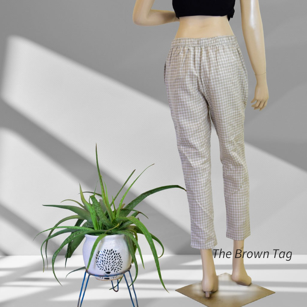 Beige, White square checkered hemp pant