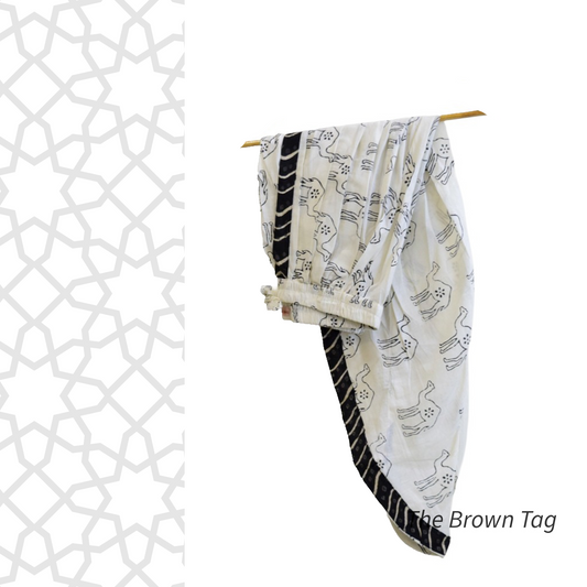 White with black camel hand block print dhoti pants