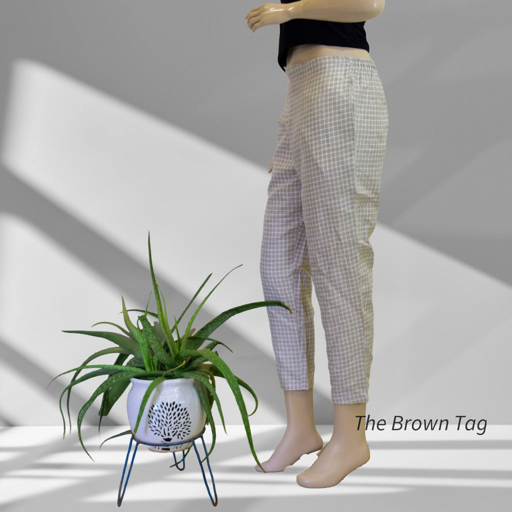 Beige, White square checkered hemp pant
