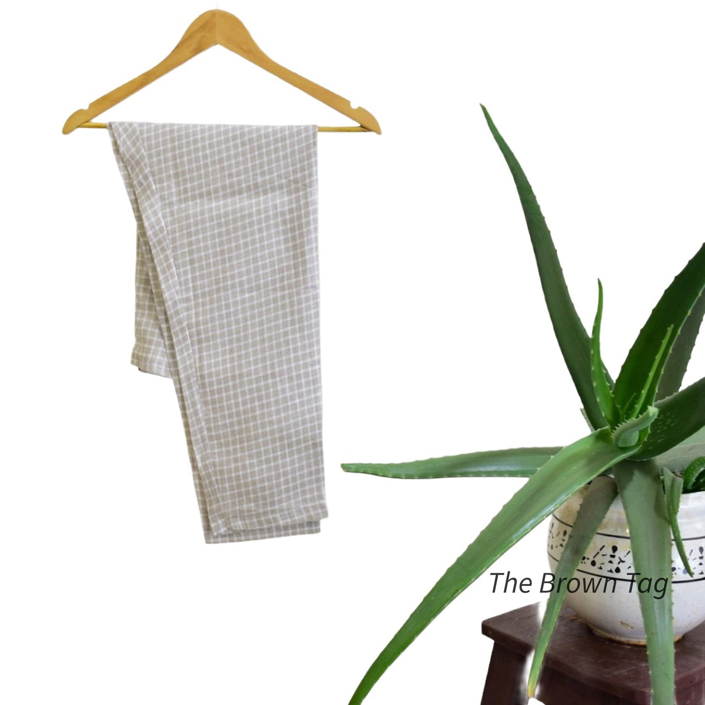 Beige, White square checkered hemp pant