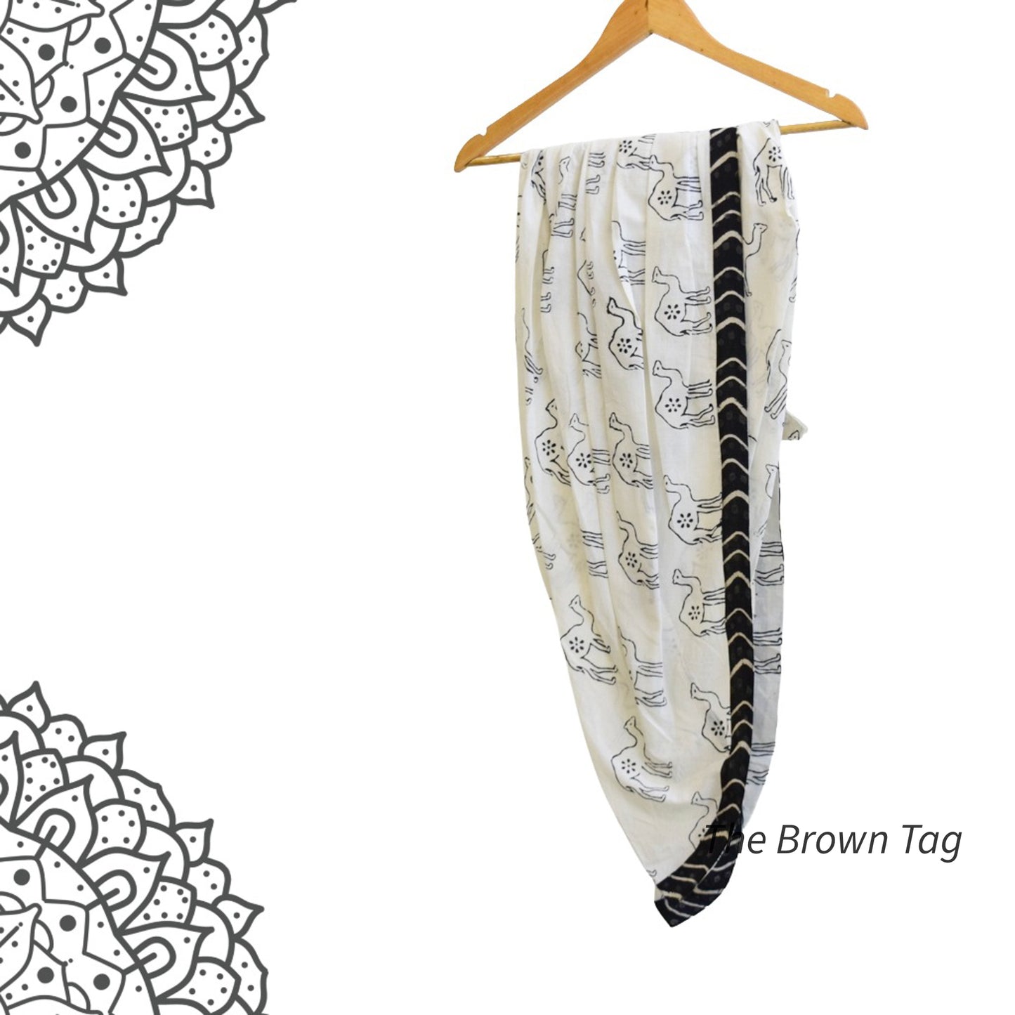 White with black camel hand block print dhoti pants