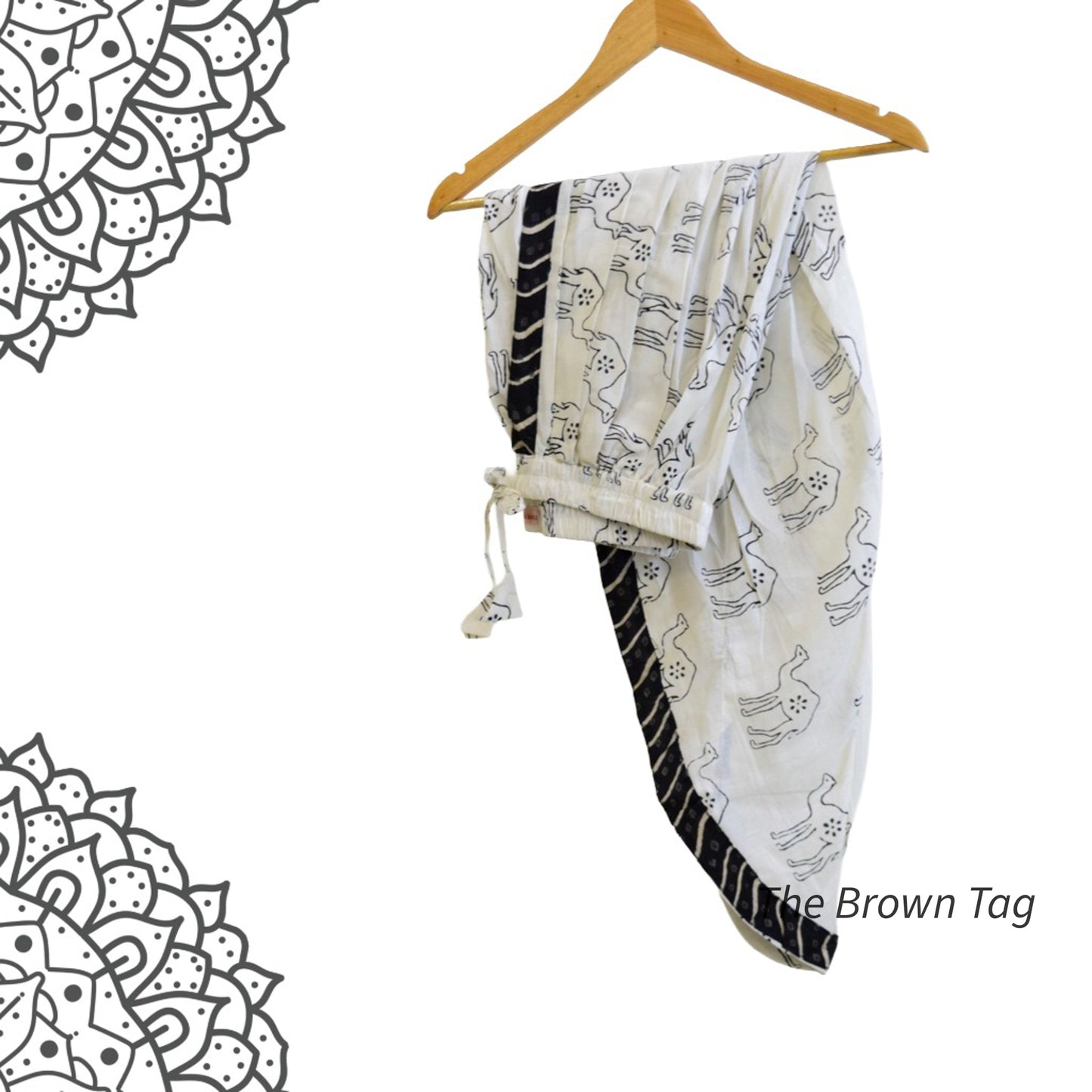 White with black camel hand block print dhoti pants