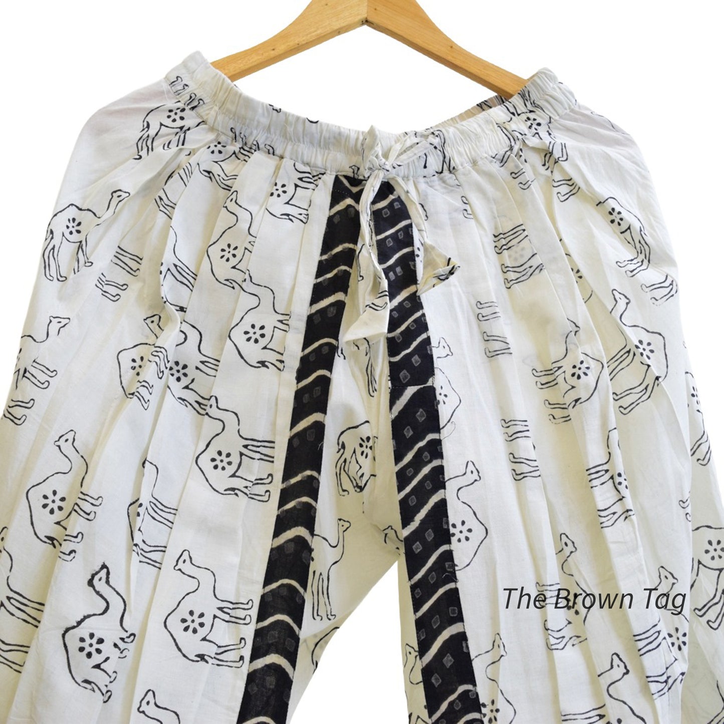 White with black camel hand block print dhoti pants