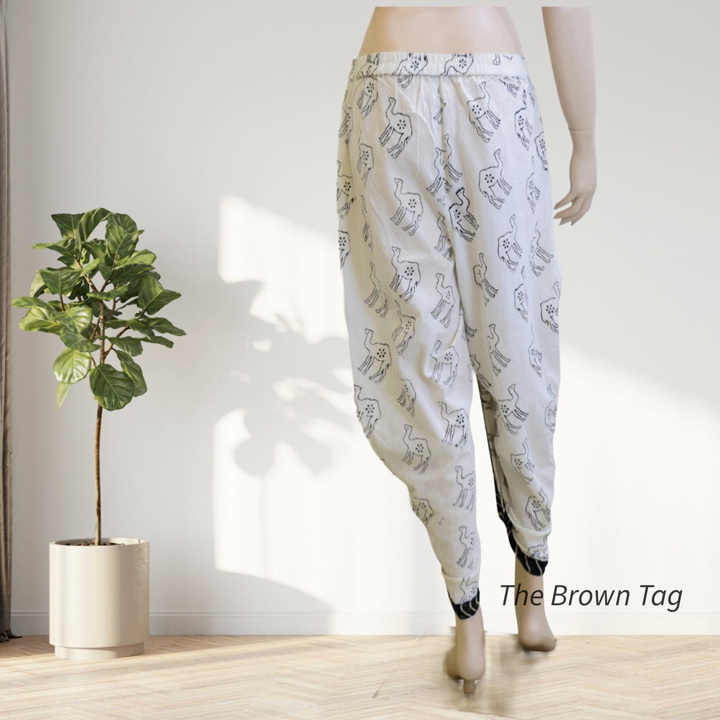 White with black camel hand block print dhoti pants