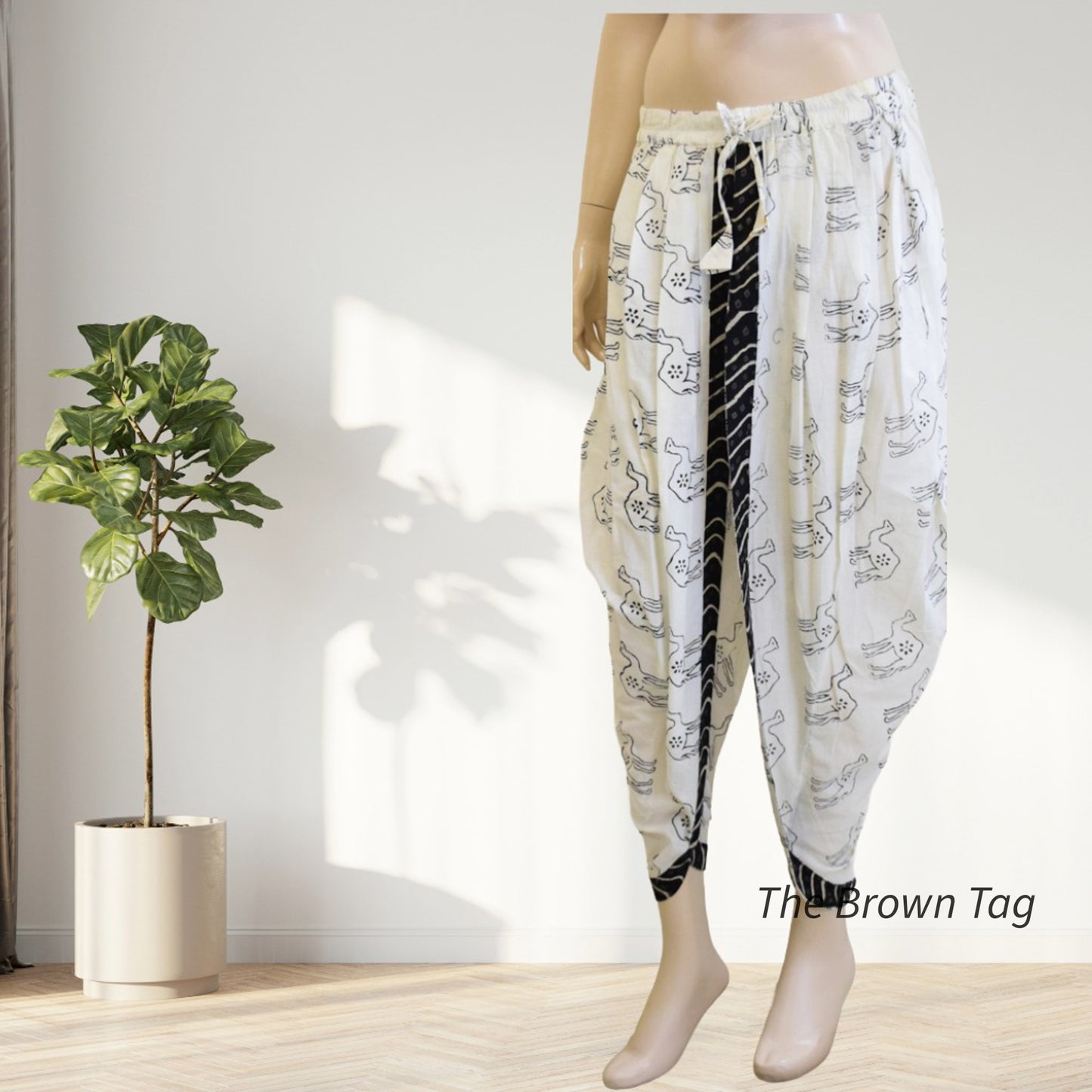White with black camel hand block print dhoti pants