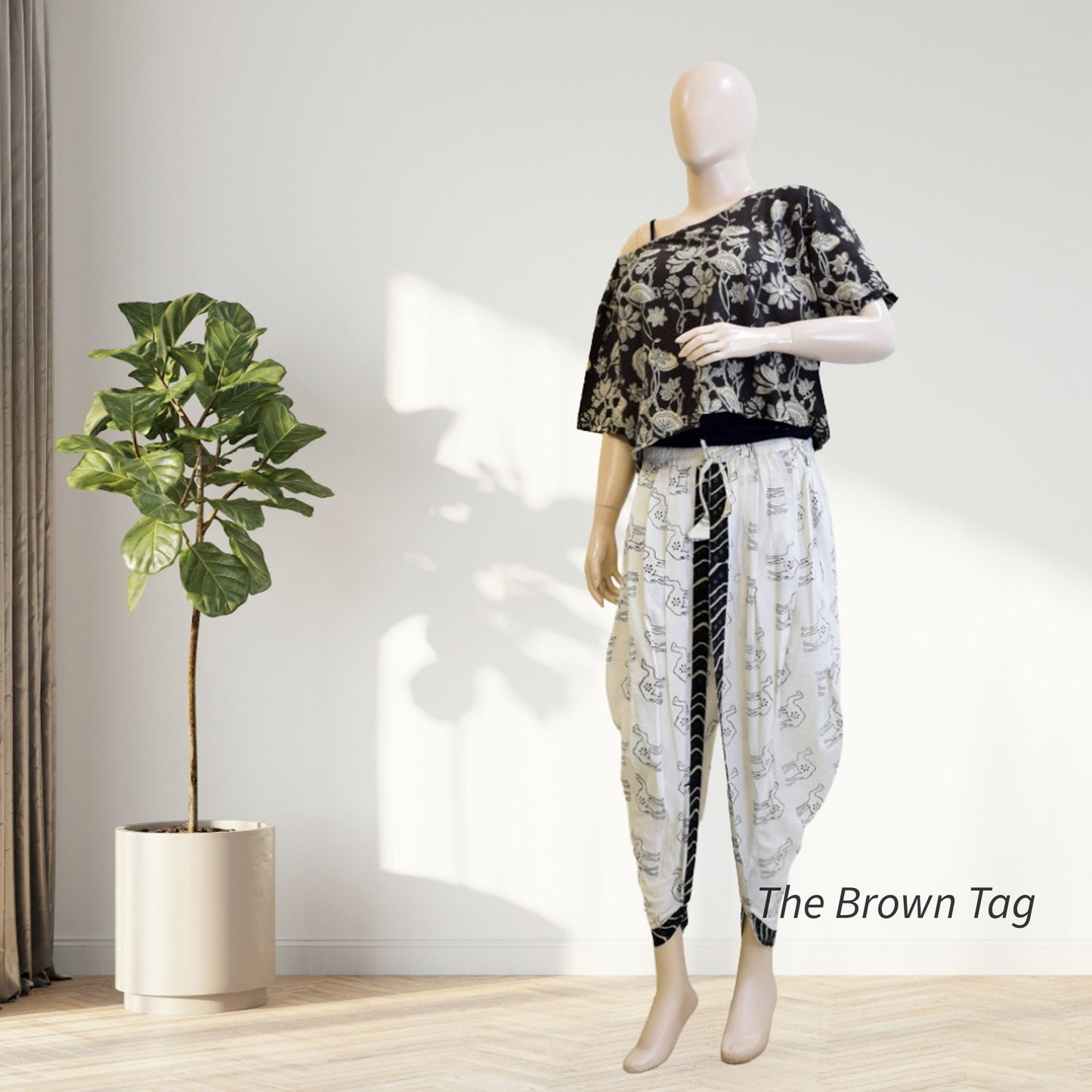 White with black camel hand block print dhoti pants