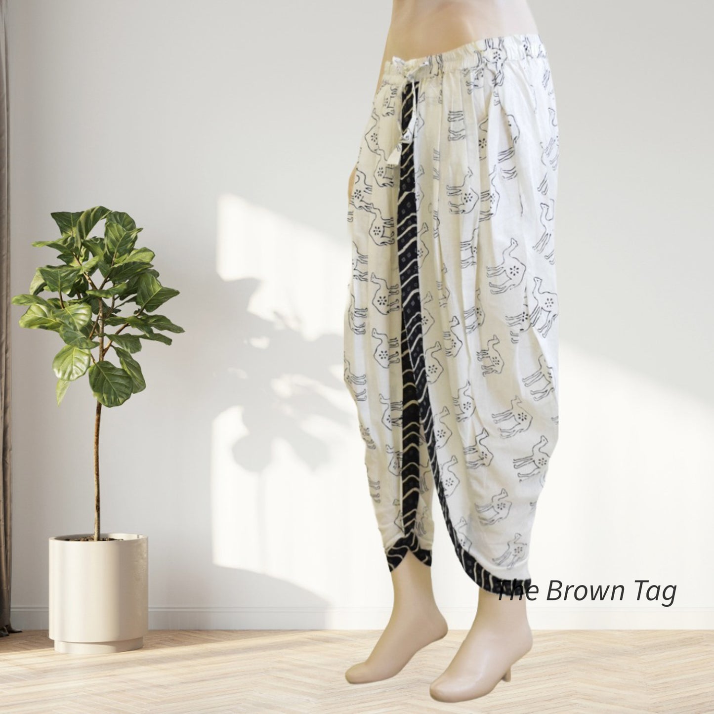 White with black camel hand block print dhoti pants