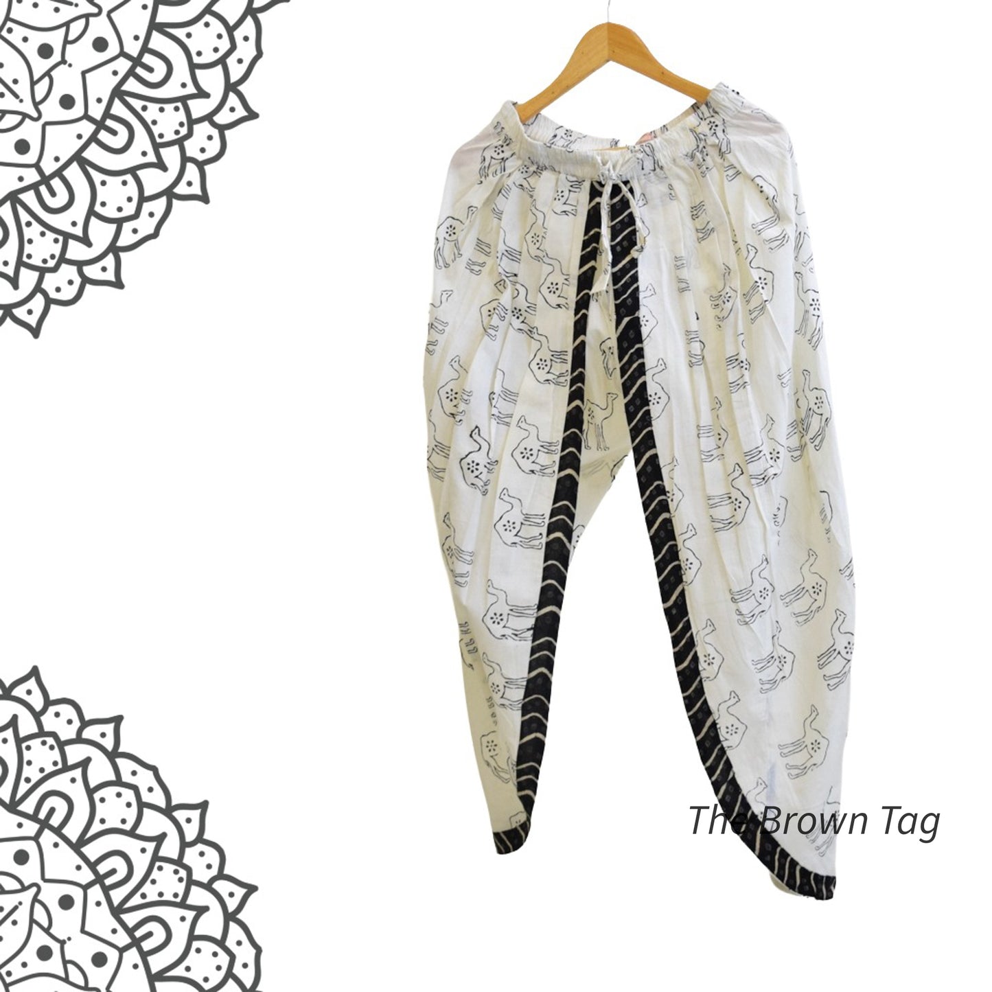 White with black camel hand block print dhoti pants