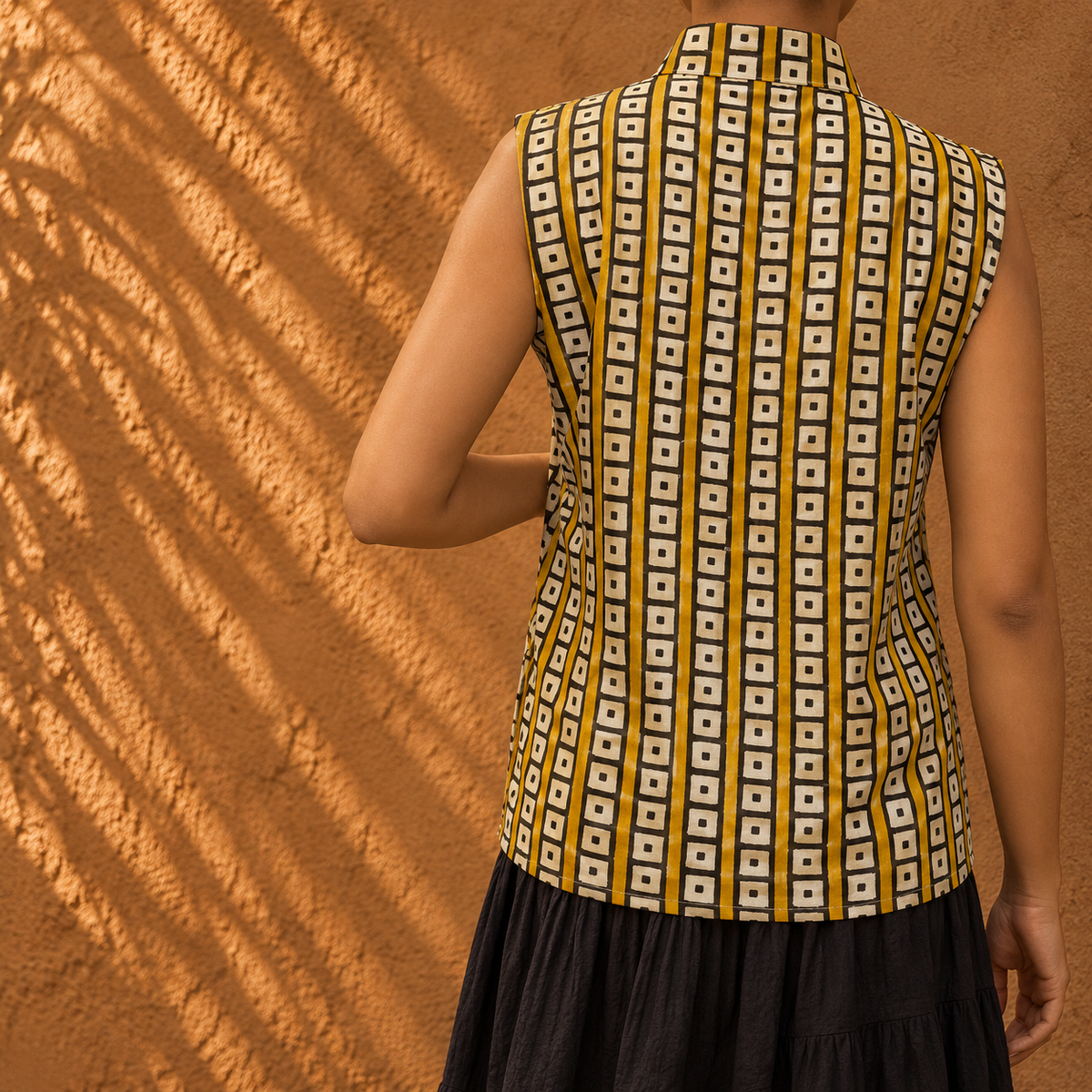 Yellow black square pattern collar top