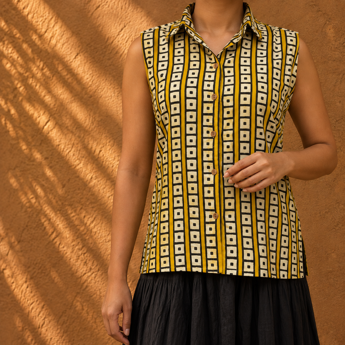 Yellow black square pattern collar top