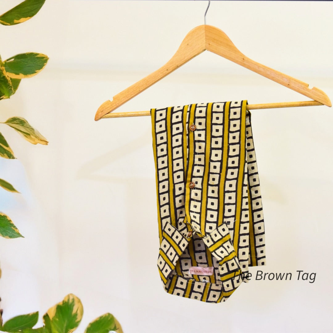 Yellow black square pattern collar top